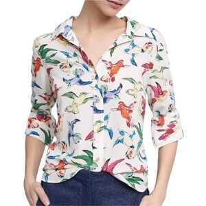 Maeve Anthropologie Bird Print Silk Button Down Shirt Blouse Top Ivory Size 6